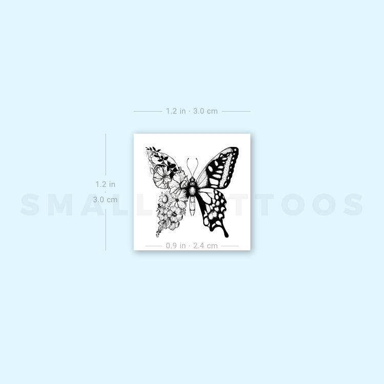 Small Half Floral Butterfly Temporary Tattoo - Set of 3