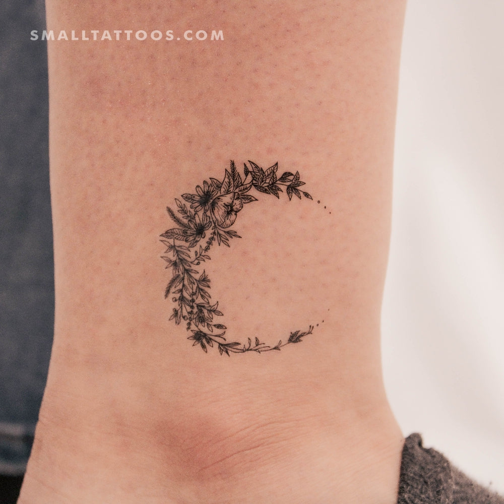 Crescent Moon & Flowers Tattoo Idea