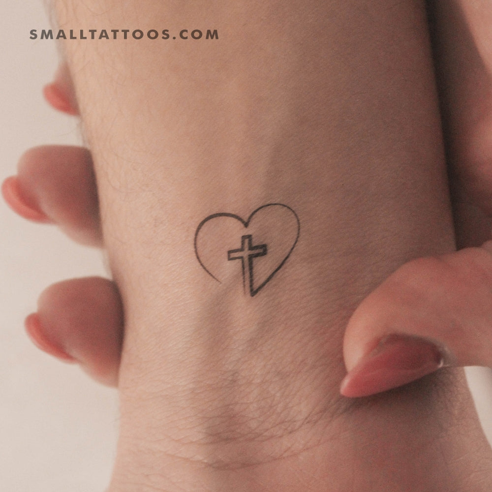 Tatuaje temporal de una sola línea de corazón y cruz (juego de 3)