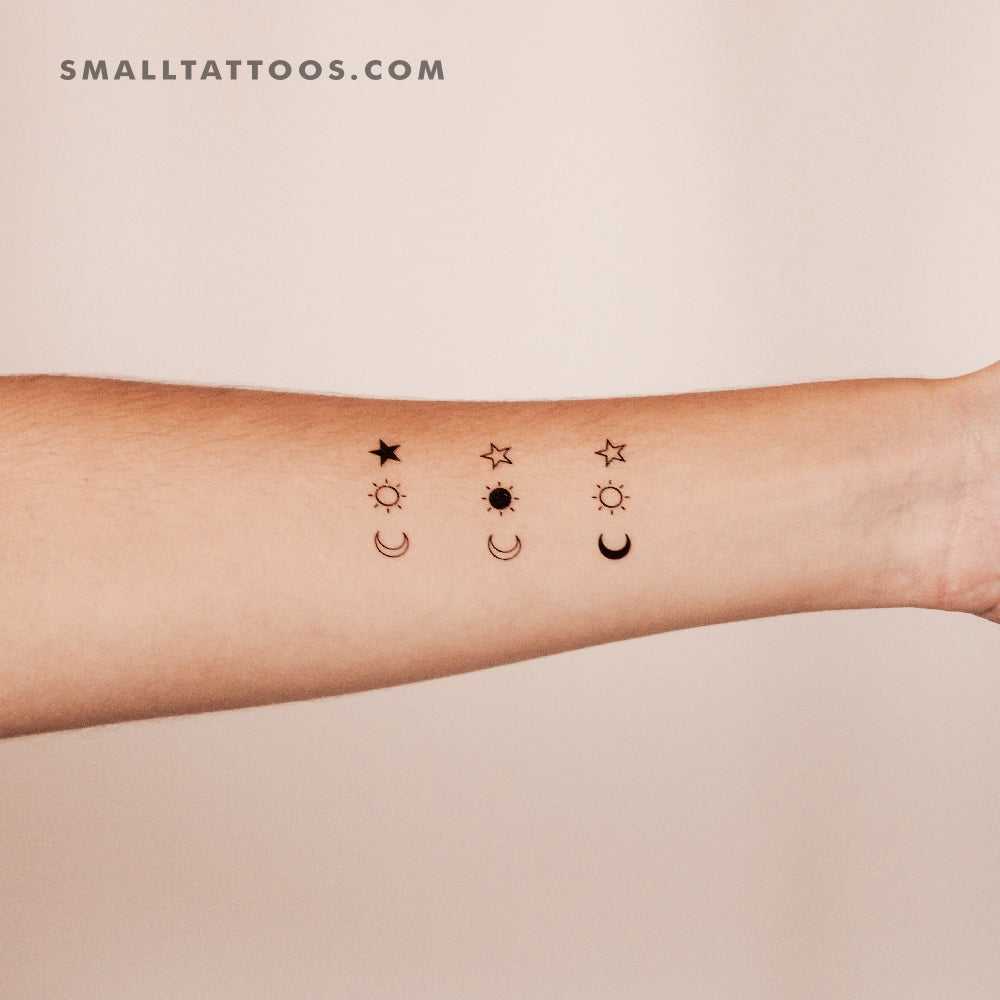 Tatuaje temporal de media luna, sol y estrella a juego (juego de 3x3)