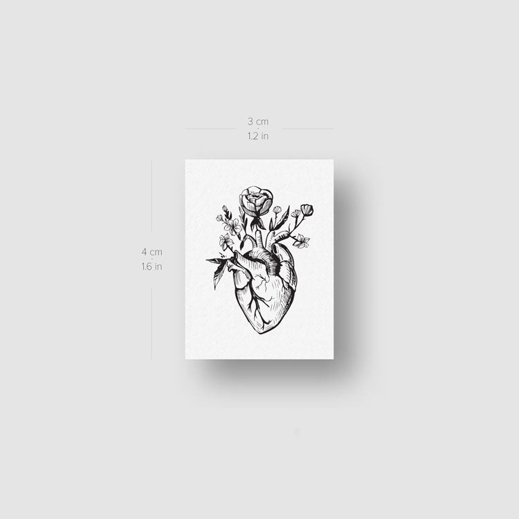 Tatuaje temporal de corazón anatómico floral (juego de 3)