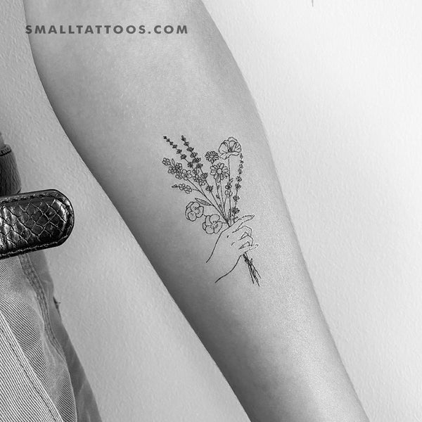 Hand Holding Flowers Temporary Tattoo (Set of 3)