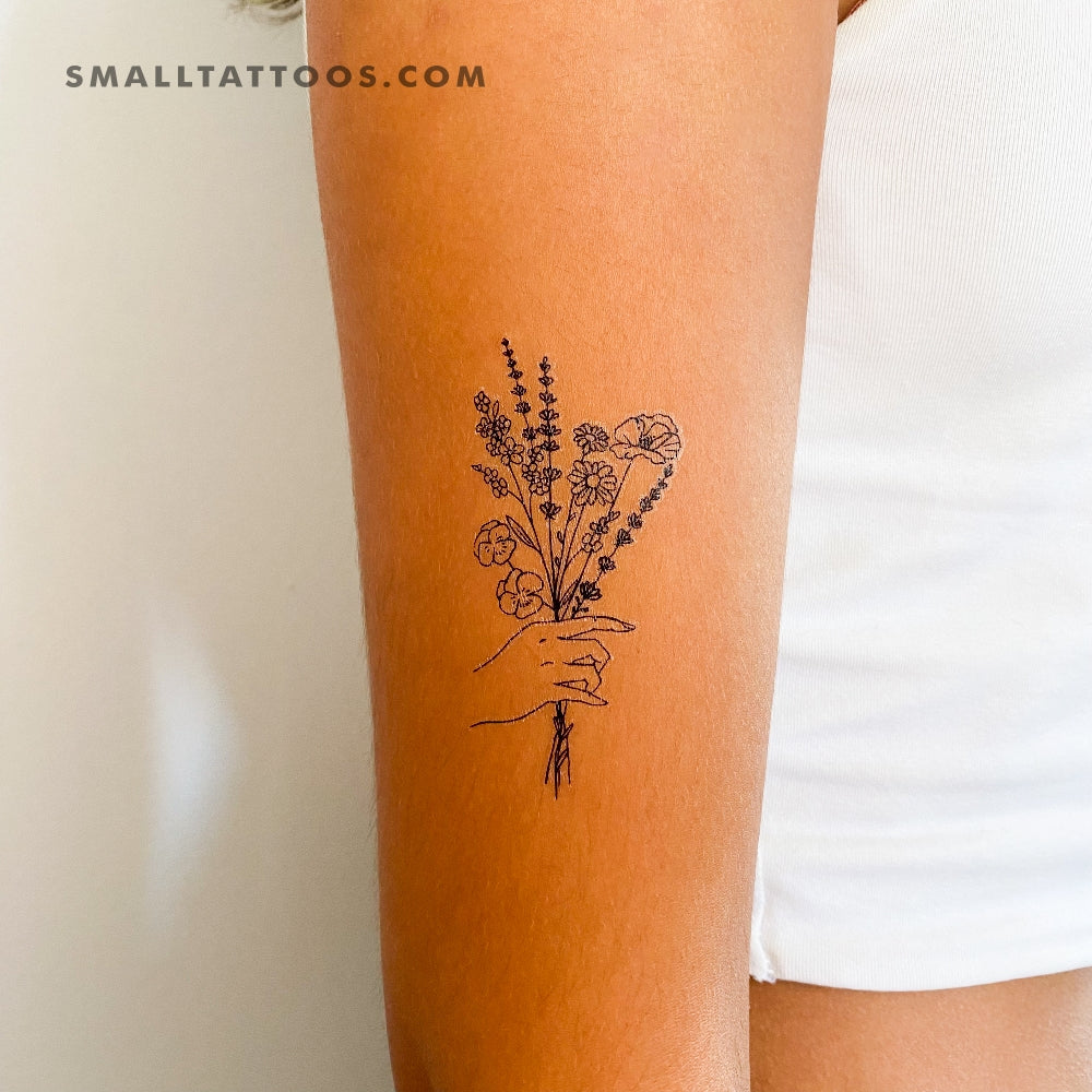 Hand Holding Flowers Temporary Tattoo (Set of 3)