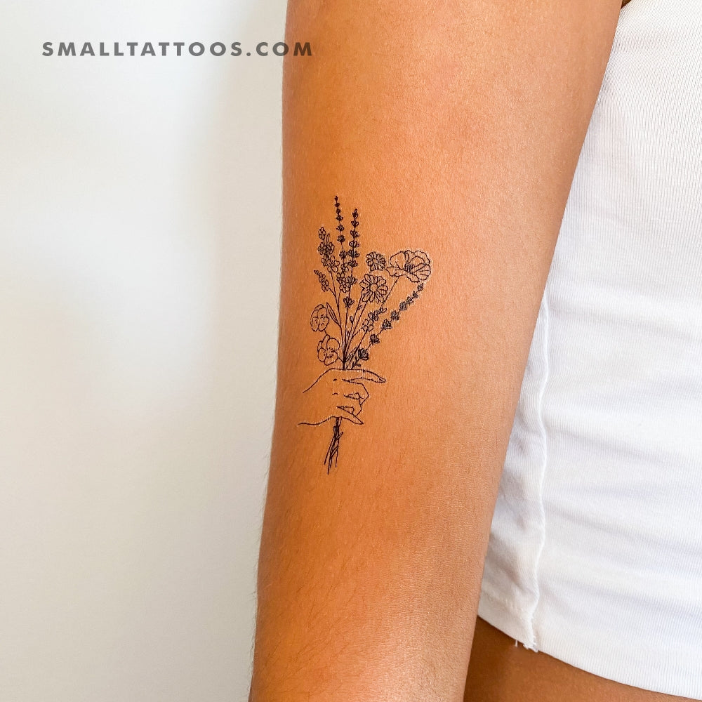 Hand Holding Flowers Temporary Tattoo (Set of 3)