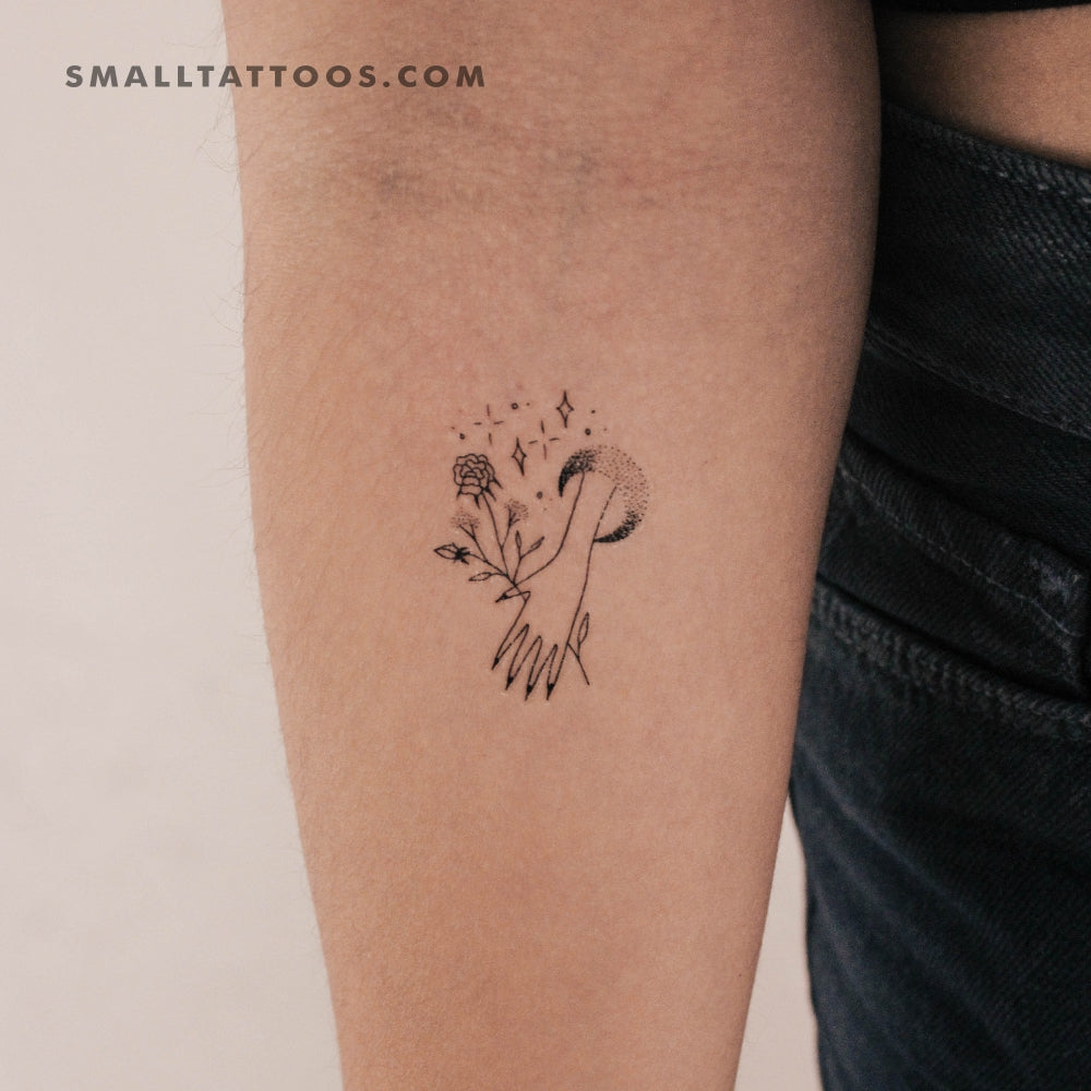 Flower Holding Moon Hand Temporary Tattoo by Tukoi (Set of 3)