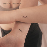 Matching 'her.' and 'him.' Temporary Tattoos (Set of 3+3)