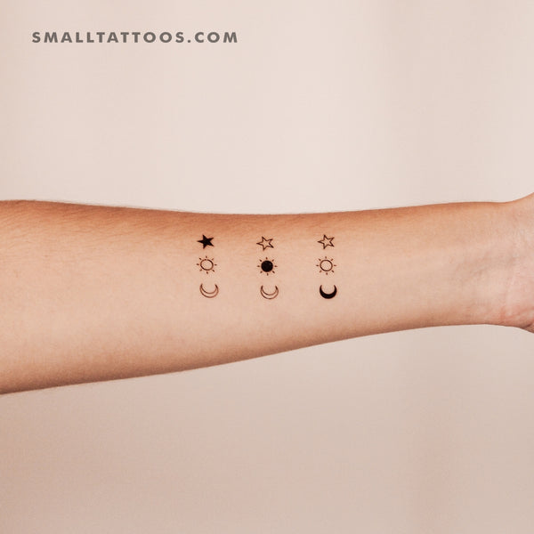 Matching Crescent Sun And Star Temporary Tattoo (Set of 3x3)