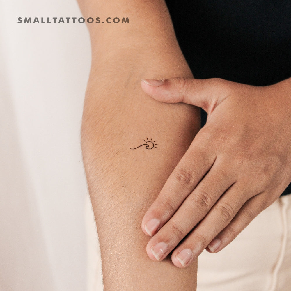 Tatuaje temporal minimalista de ola y sol (juego de 3)