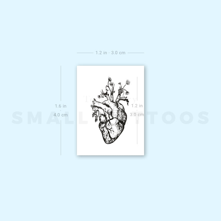 Human Heart And Flowers Temporary Tattoo (Set of 3) Small Tattoos